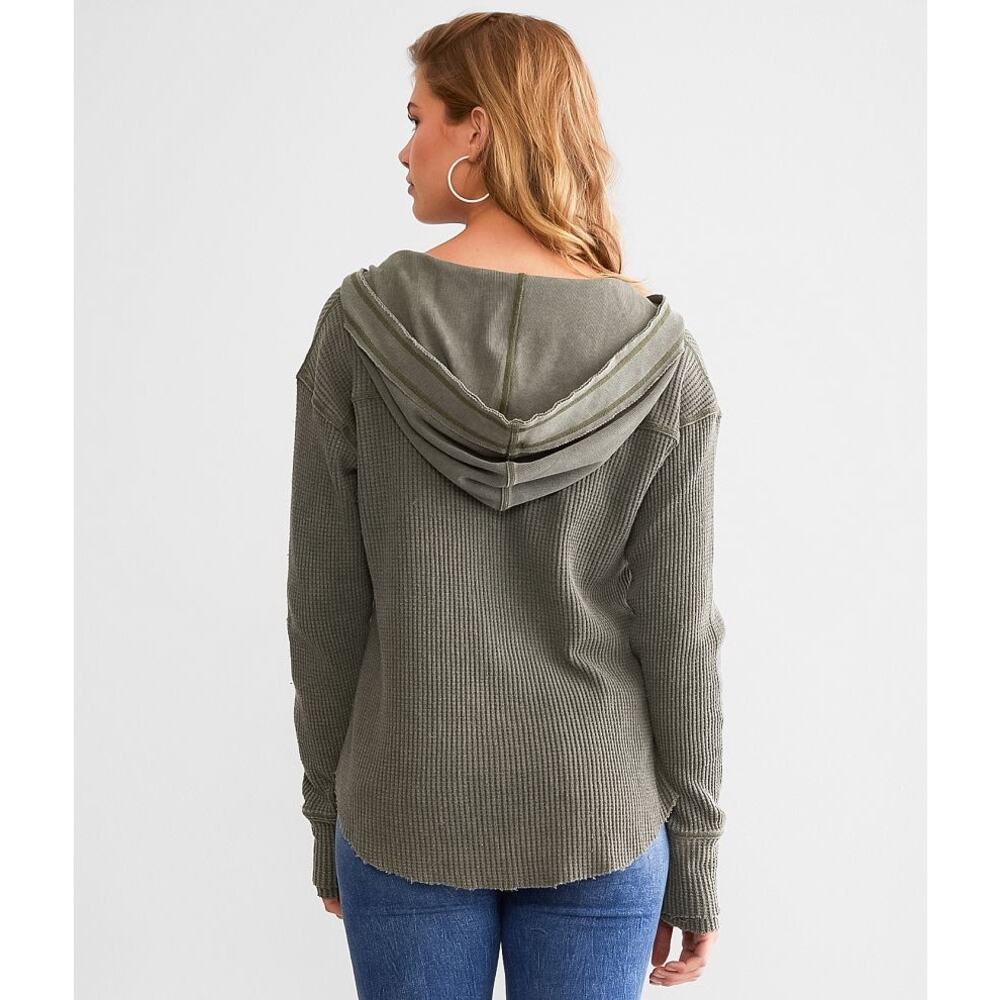 BKE Olive Green Waffle Knit Hooded Top Raw Hem  Boho Medium - Picture 3 of 6